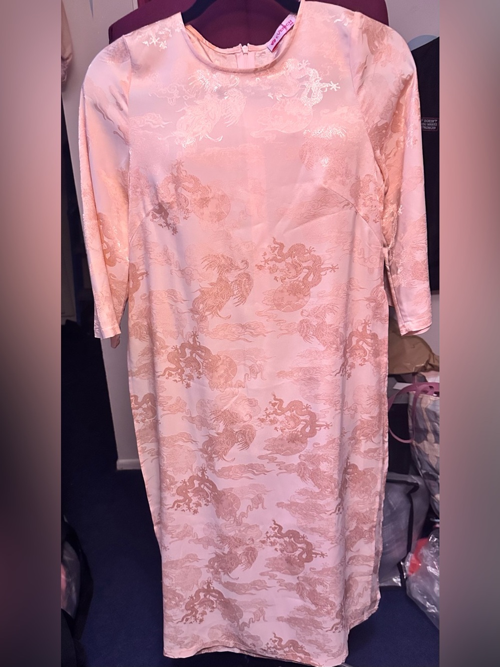 Everich 10 Pink Satin Chinese  Dragon Jacquard Long Slit Tunic